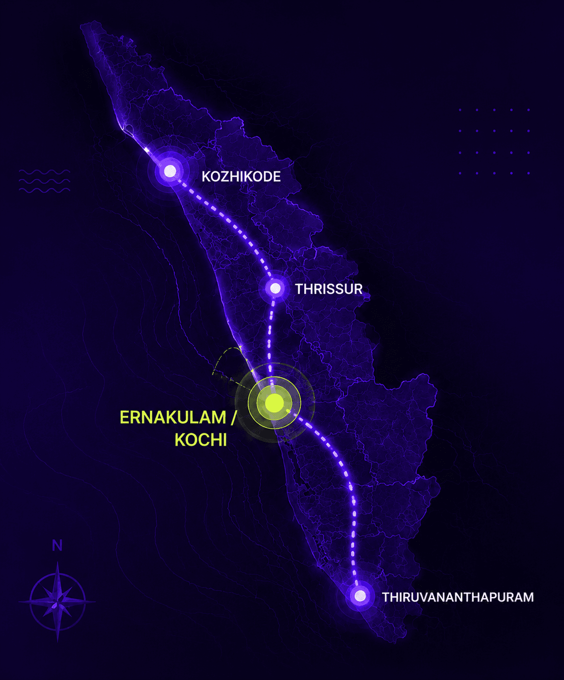 Kerala coverage map showing Ziyet routes through Kozhikode, Thrissur, Ernakulam/Kochi, and Thiruvananthapuram